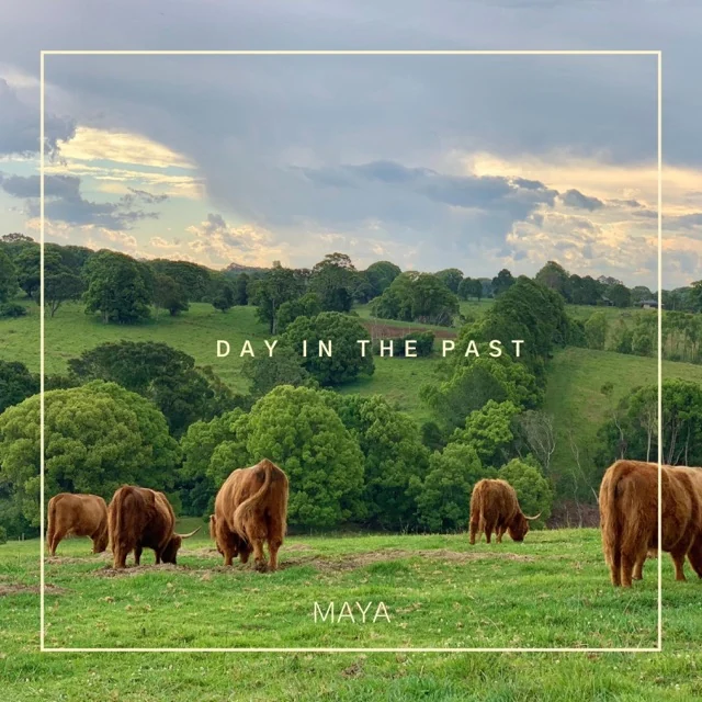 Cover of Day In the Past by Maya: highland cattle grazing on green hills under a cloudy sky