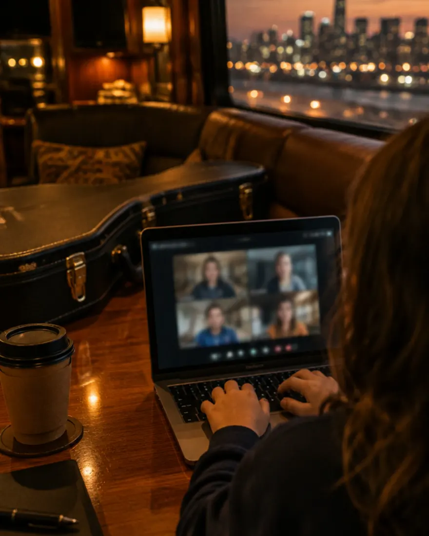 A child joins a live lesson on a laptop aboard a tour bus at dusk
